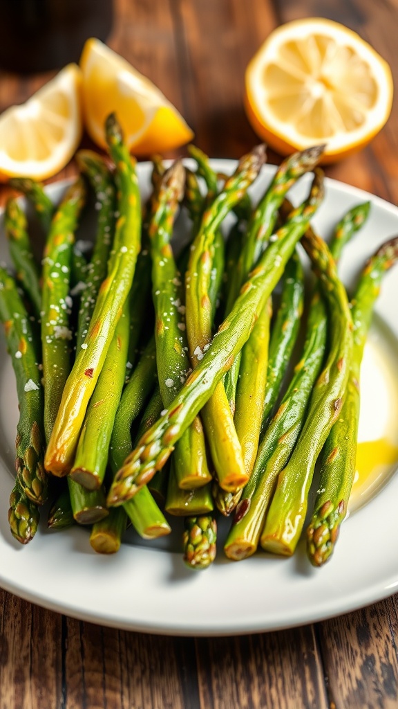 A plate of roasted asparagus spears, garnished with lemon wedges, on a wooden table.